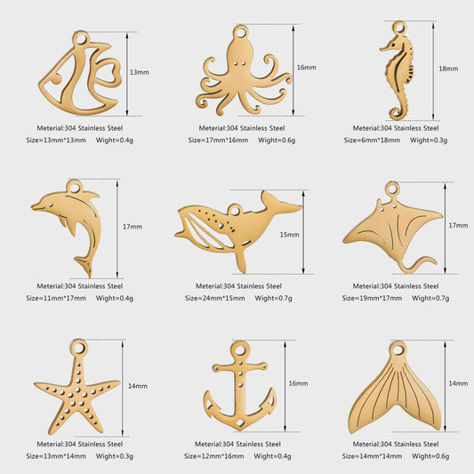 5-delige Set RVS Bedeltjes Zeeleven: Walvis, Dolfijn, Octopus, Vissenstaart & Manta Ray