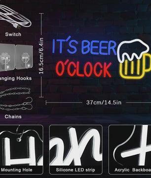 LED Neon Sfeerlicht 'It's Beer O'Clock' - Bar, Garage & Man Cave Decoratie