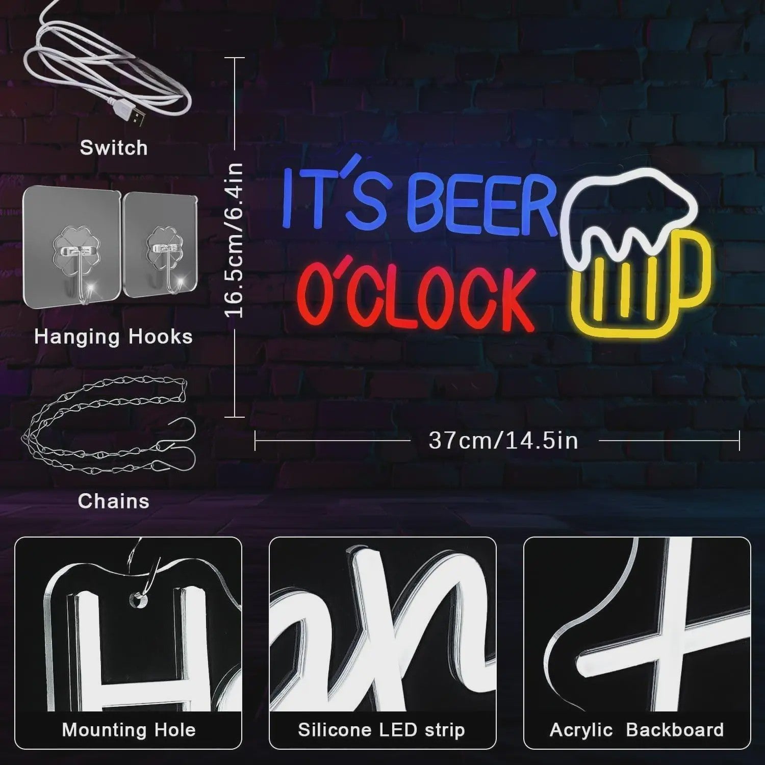 LED Neon Sfeerlicht 'It's Beer O'Clock' - Bar, Garage & Man Cave Decoratie