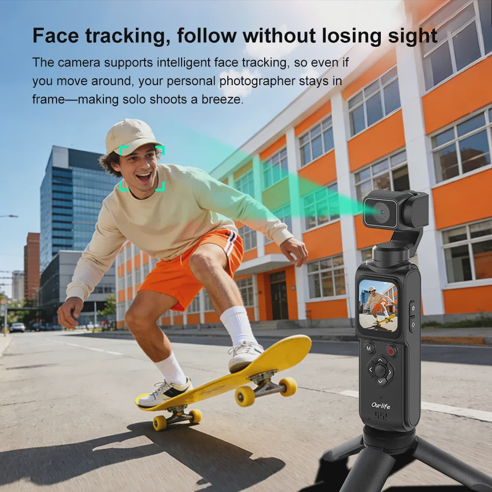 Ourlife 4K Actiecamera met 330° Face Tracking Gimbal Stabilisator & Touchscreen