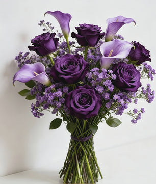 Kunstboeket Paarse Rozen, Calla Lelies & Gipsenkruid - 16 Stuks