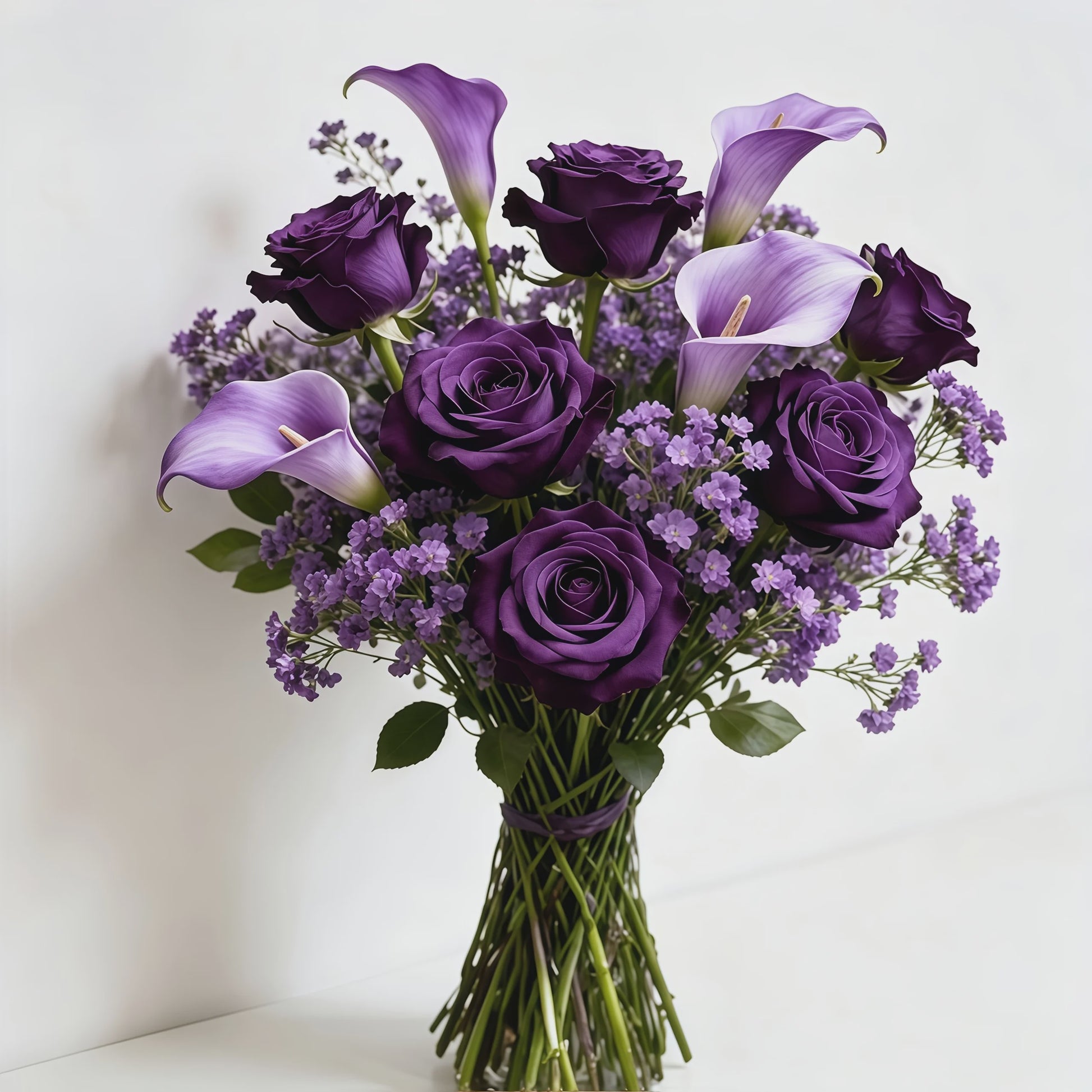 Kunstboeket Paarse Rozen, Calla Lelies & Gipsenkruid - 16 Stuks