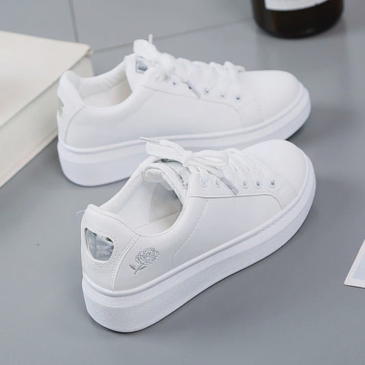 Dames Witte Sneakers met Geborduurde Bloem - Casual Leren Veterschoenen