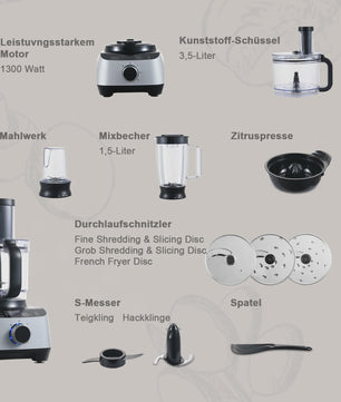Krachtige Keukenmachine 1300W met 3.5L Kom, Deegkneedfunctie, Citruspers en 11-delige Accessoireset