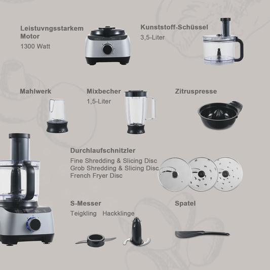 Krachtige Keukenmachine 1300W met 3.5L Kom, Deegkneedfunctie, Citruspers en 11-delige Accessoireset
