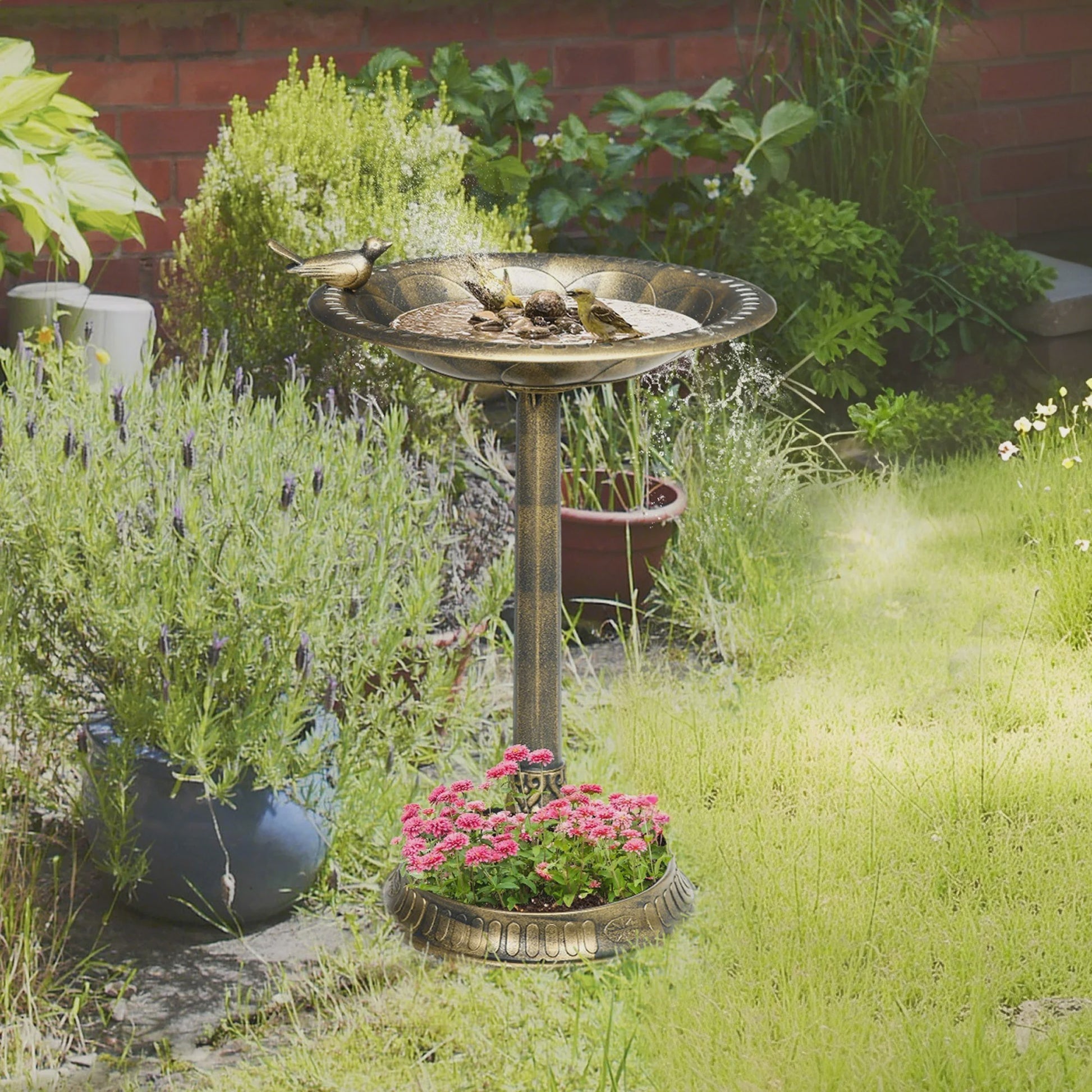 Outsunny Vogelbad & Voederstation met Plantenbak - Ø 50 x 72 cm - Antiek Brons