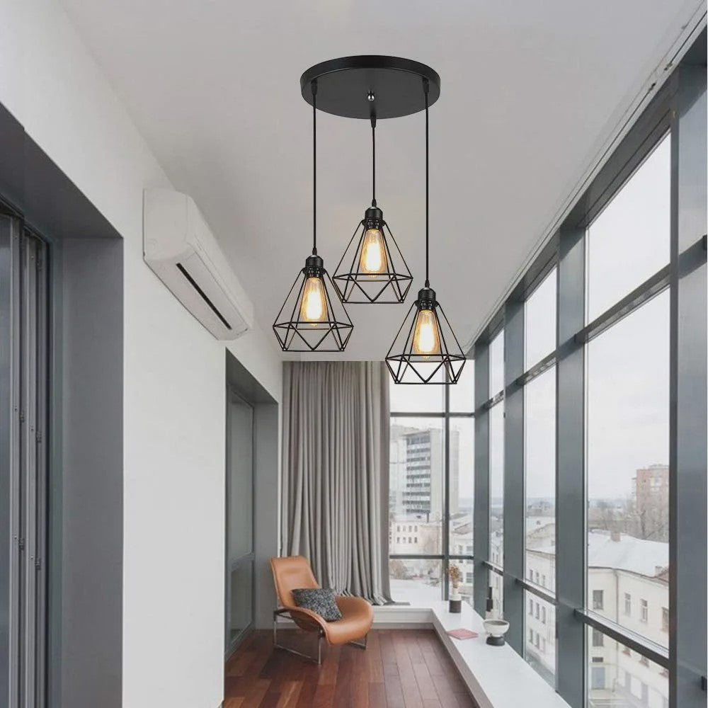 Industriële Hanglamp Zwart - Diamant Kooi Design - 3-Lichts