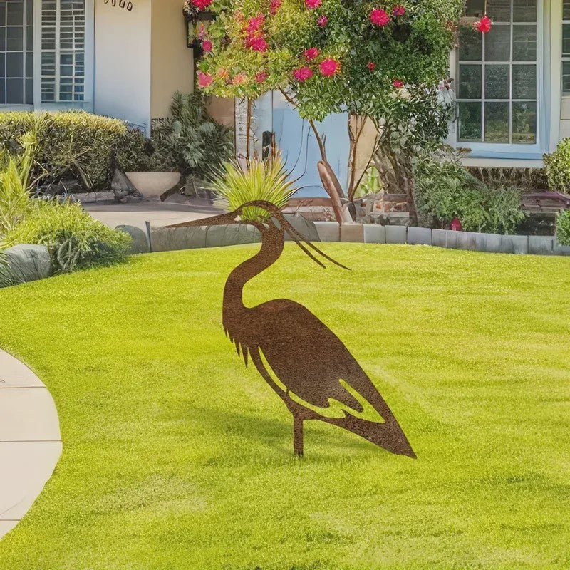 Roestkleurige Metalen Reiger Tuinbeeld - Stijlvolle Vogel Sculptuur voor Buiten