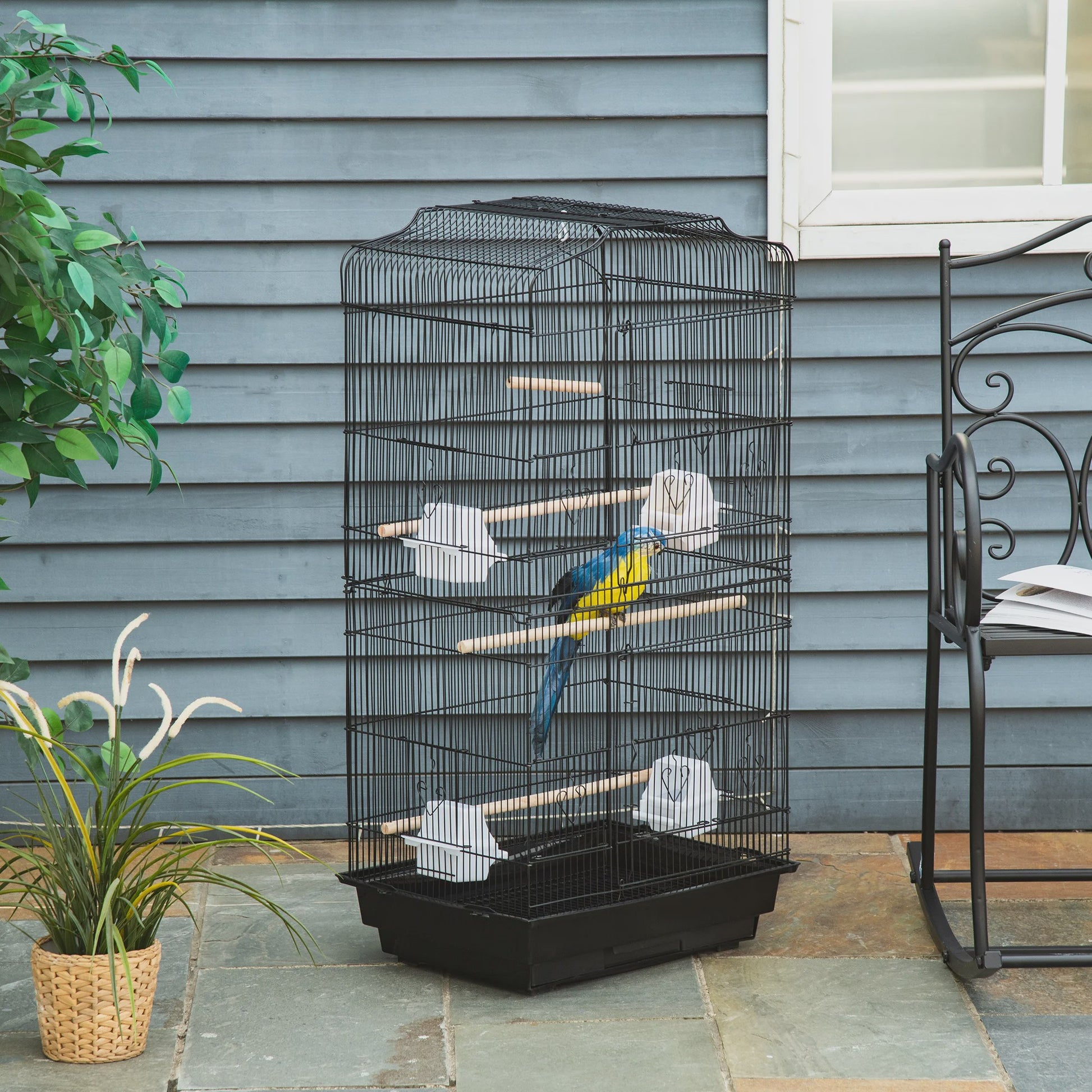 Ruime Vogelkooi Viary Zwart - 46,5x92 cm - Inclusief Voederbakjes, Zitstokken & Uitschuifbare Lade