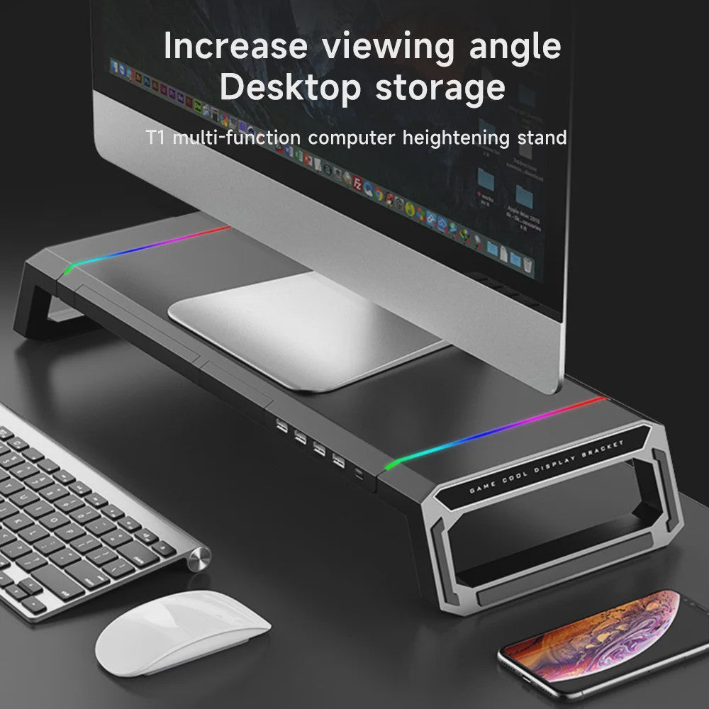 Monitorstandaard met USB 3.0 Hub en RGB Verlichting - Opklapbaar Bureau Organizer