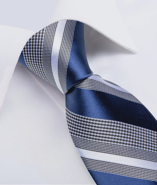 Luxe Blauwe Gestreepte Heren Das Set met Pochet & Manchetknopen - 8cm Breed