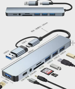 8-in-2 USB-C Hub: Expander met USB 3.0, Type-C, SD/TF & Audio voor Telefoon/Tablet