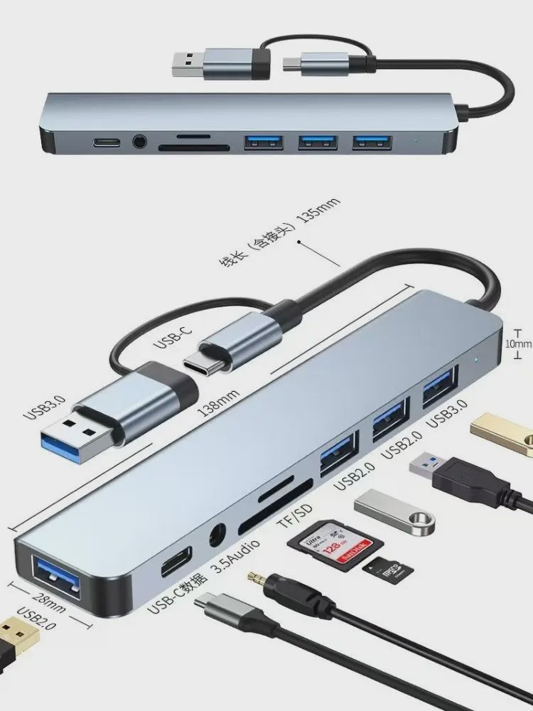 8-in-2 USB-C Hub: Expander met USB 3.0, Type-C, SD/TF & Audio voor Telefoon/Tablet
