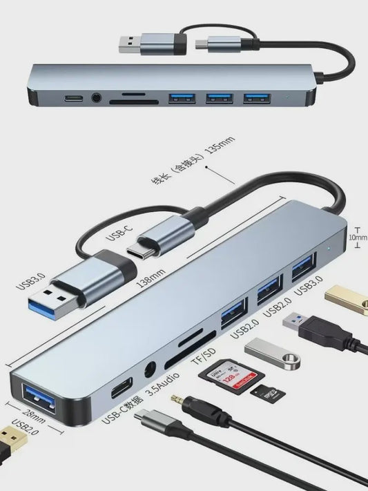 8-in-2 USB-C Hub: Expander met USB 3.0, Type-C, SD/TF & Audio voor Telefoon/Tablet