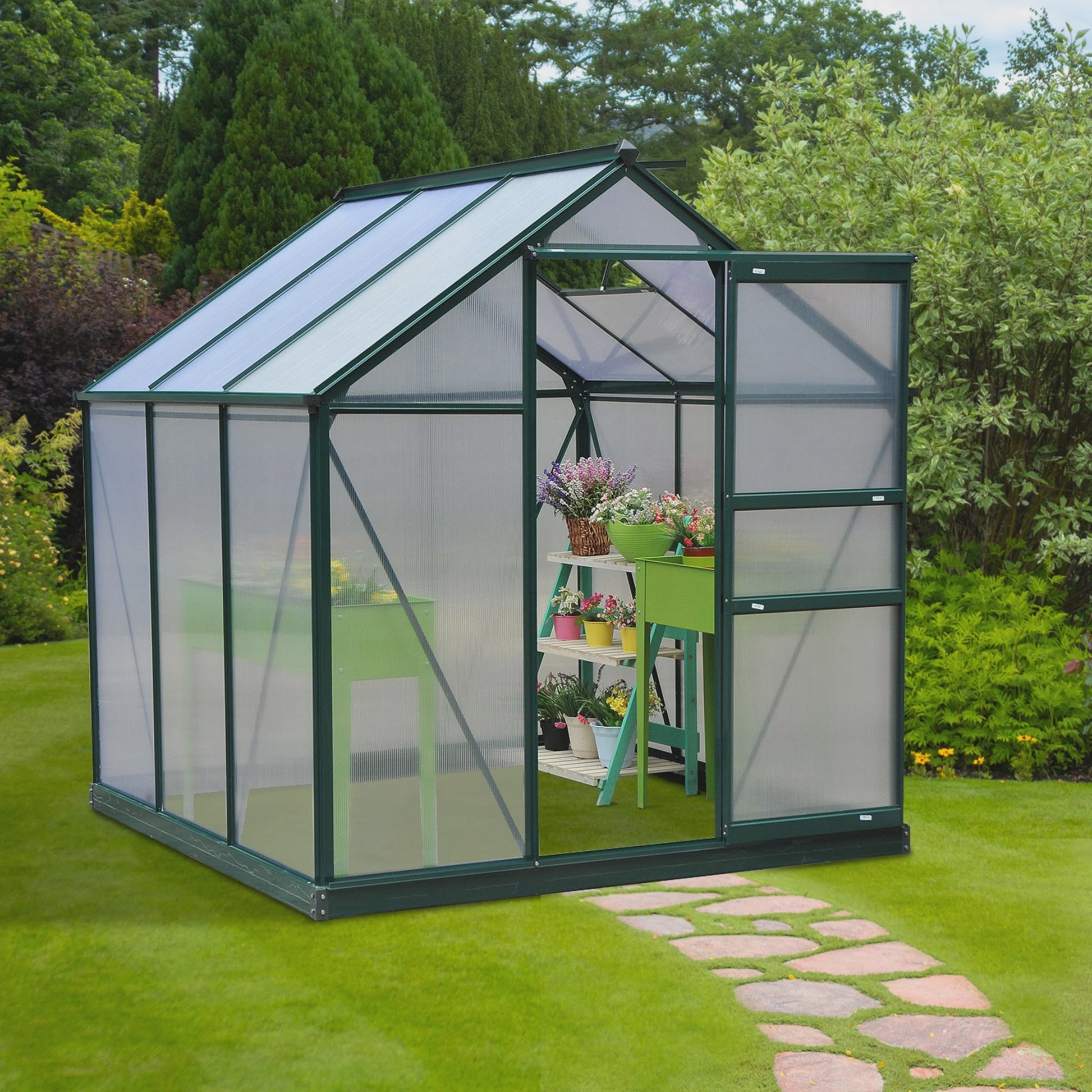 Outsunny Polycarbonaat Tuinkas 190x201 cm UV-bestendig met Dakgoot - Donkergroen