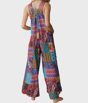 Zomerse Dames Jumpsuit met Etnische Print, Vierkante Hals en Zakken