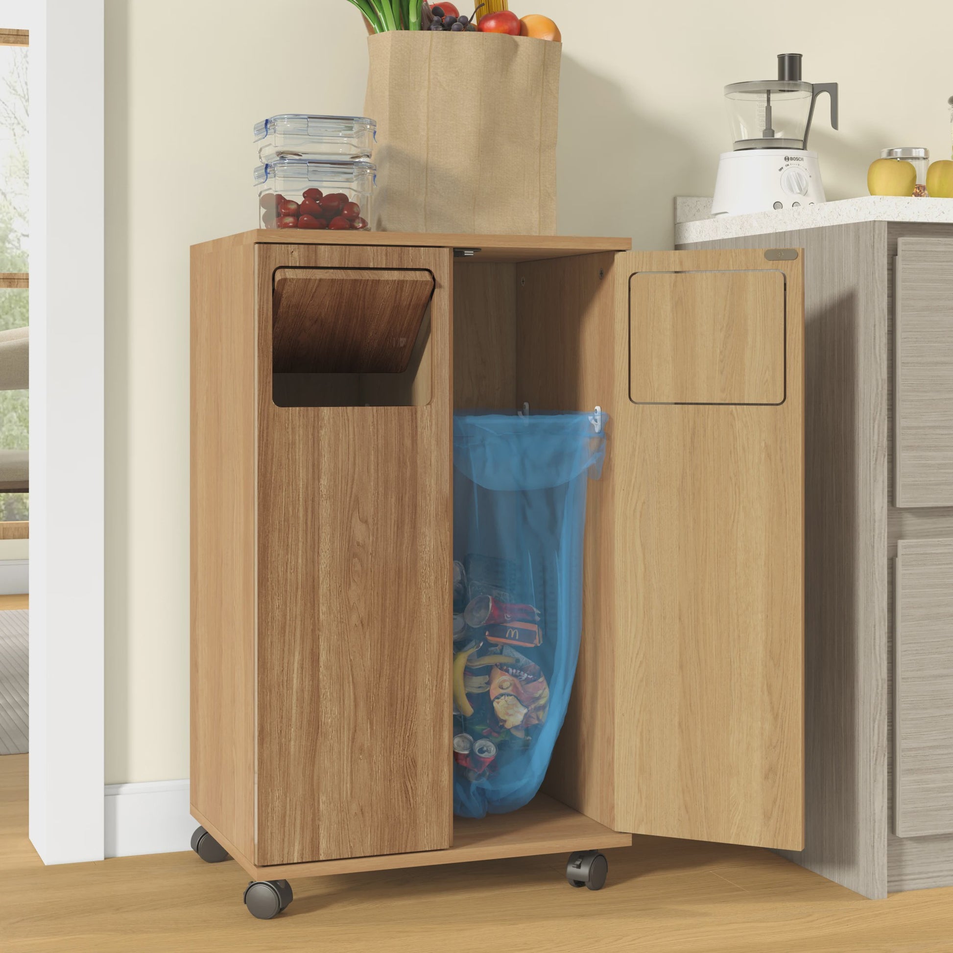 Keuken Afvalscheidingskast met Wielen - Verborgen Opslag & Dubbele Deuren