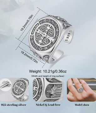 Sint Benedictus Ring 925 Sterling Zilver - Verstelbaar, Vintage Kruis Medaille Juweel