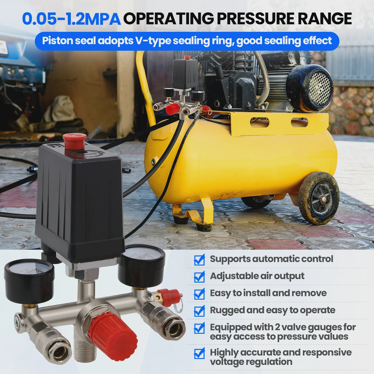 Automatische Drukregelaar Kit voor Compressor met Dubbele Manometers