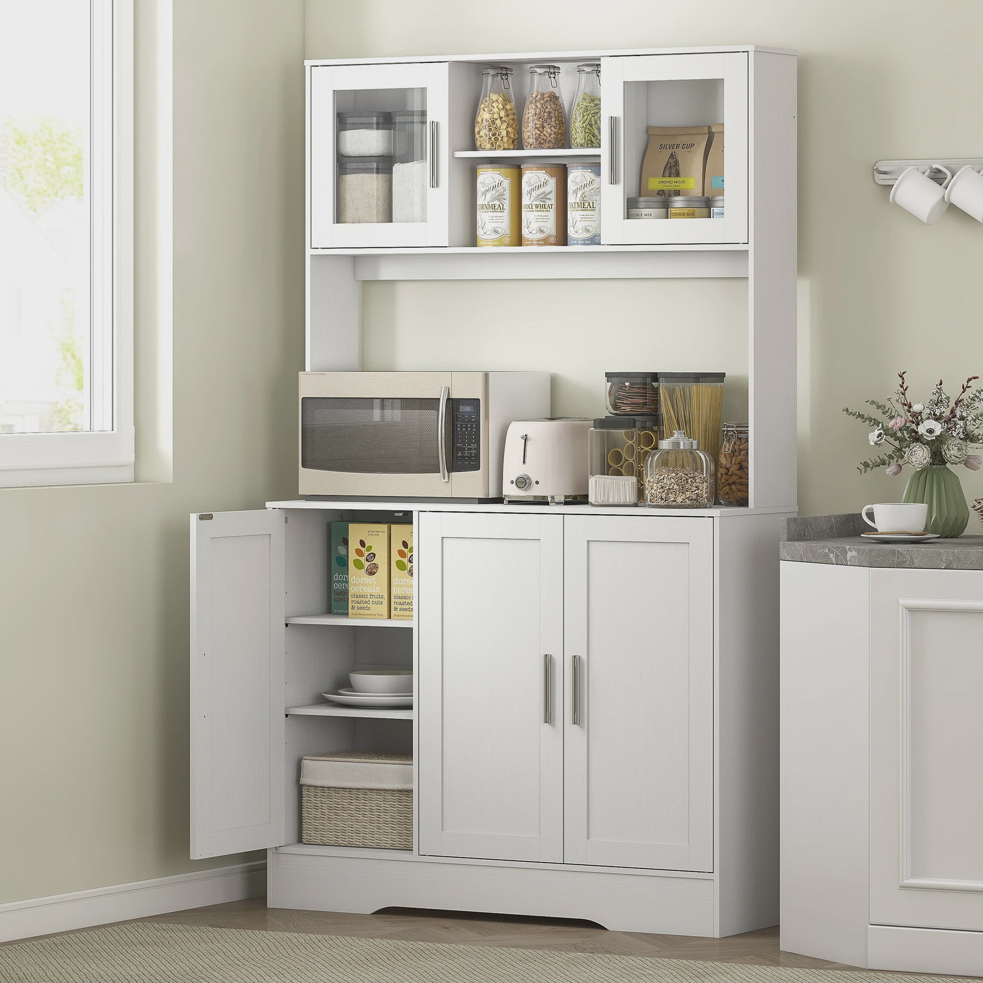 HOMCOM Keuken Buffetkast Scandinavisch Wit met Glazen Deuren en Open Vakken