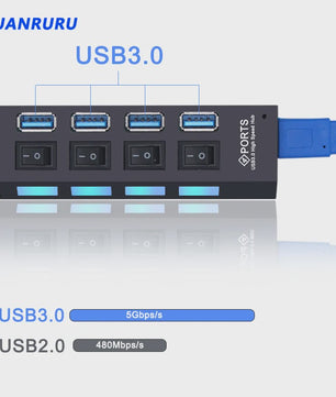 USB Hub 3.0/2.0 met 4 of 7 poorten, individuele schakelaars en LED-indicatoren