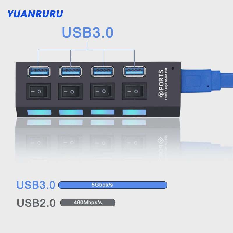 USB Hub 3.0/2.0 met 4 of 7 poorten, individuele schakelaars en LED-indicatoren