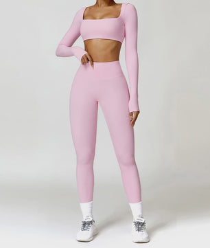 Dames Yoga Set 2-Delig: Sneldrogend Sportpak met Lange Mouwen Top en Hoge Taille Shorts
