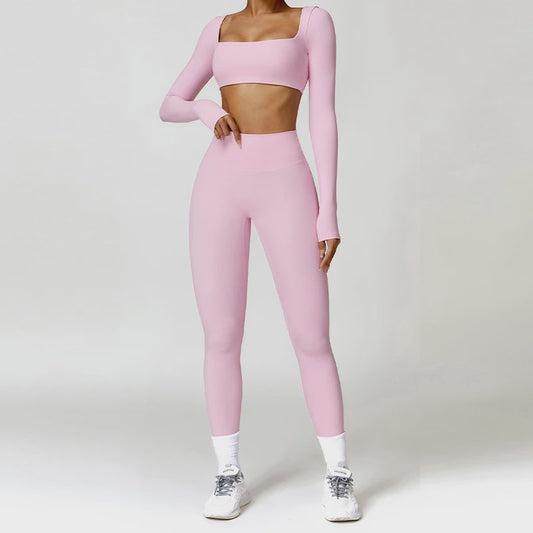 Dames Yoga Set 2-Delig: Sneldrogend Sportpak met Lange Mouwen Top en Hoge Taille Shorts