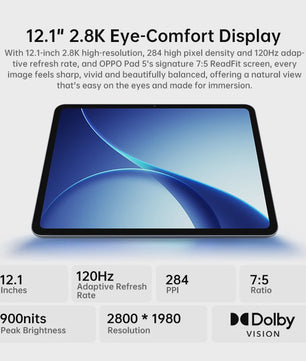 OPPO Pad 5 Zwart 12.1" 2.8K WiFi Tablet - 8GB RAM, 128GB Opslag, 10050mAh Batterij