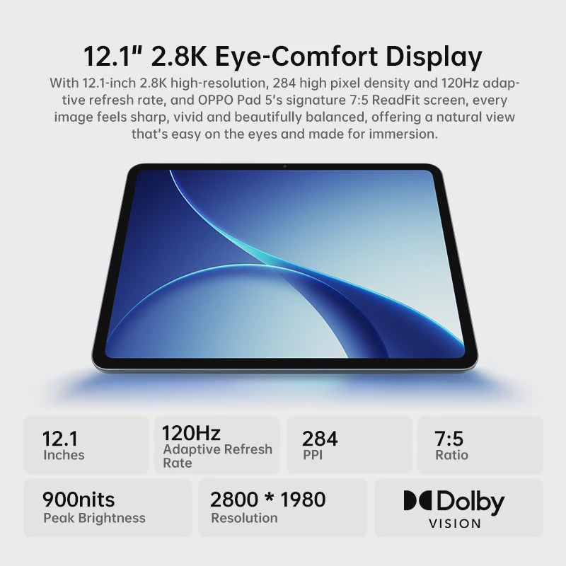 OPPO Pad 5 Zwart 12.1" 2.8K WiFi Tablet - 8GB RAM, 128GB Opslag, 10050mAh Batterij