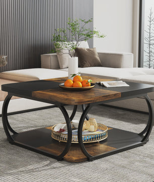 Industriële Salontafel met 2 Niveaus - 100 cm Vierkant - Metaal & Hout-look