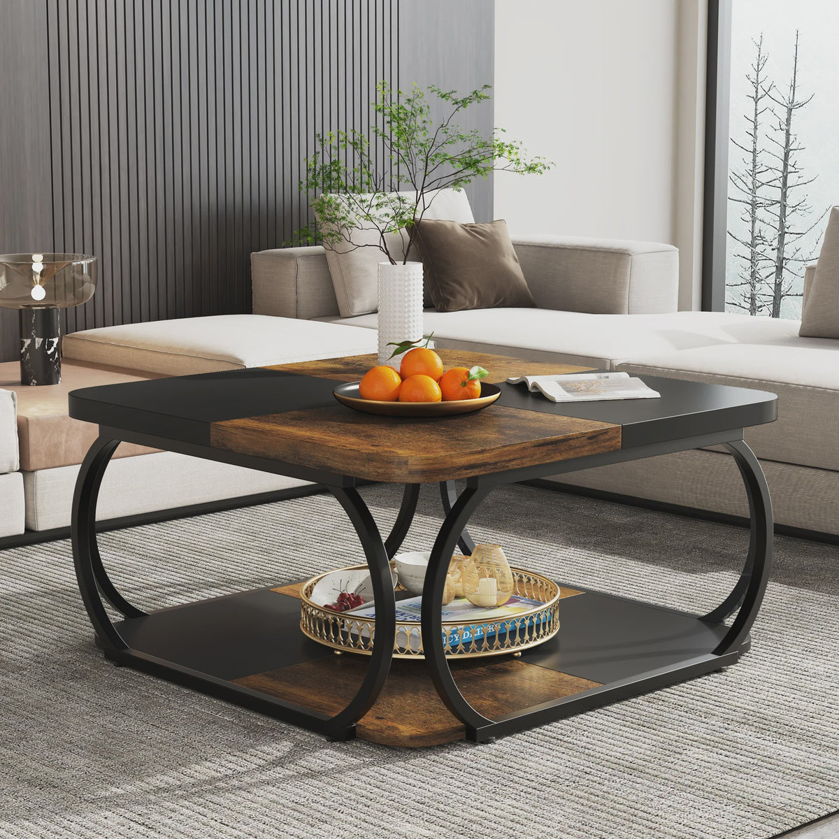 Industriële Salontafel met 2 Niveaus - 100 cm Vierkant - Metaal & Hout-look