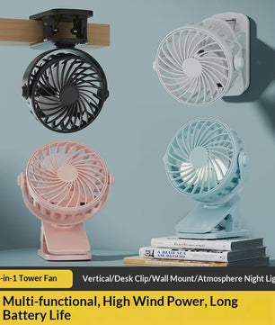 Draagbare Oplaadbare Clip Ventilator met Nachtlampje - 720° Draaibaar & Stille Werking