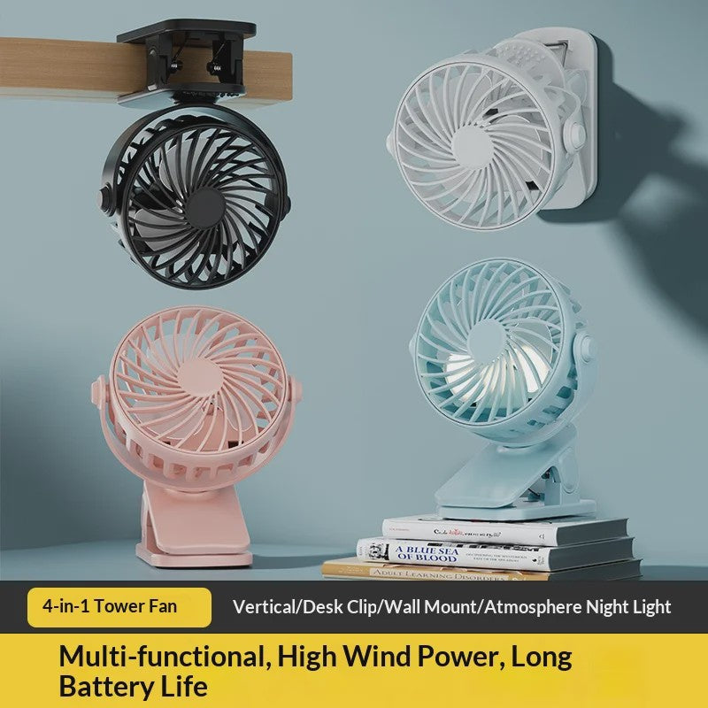 Draagbare Oplaadbare Clip Ventilator met Nachtlampje - 720° Draaibaar & Stille Werking