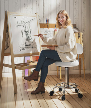 Verstelbare Draaibare Kruk met Rugleuning en Wielen - Wit - Ideaal voor Salon & Studio