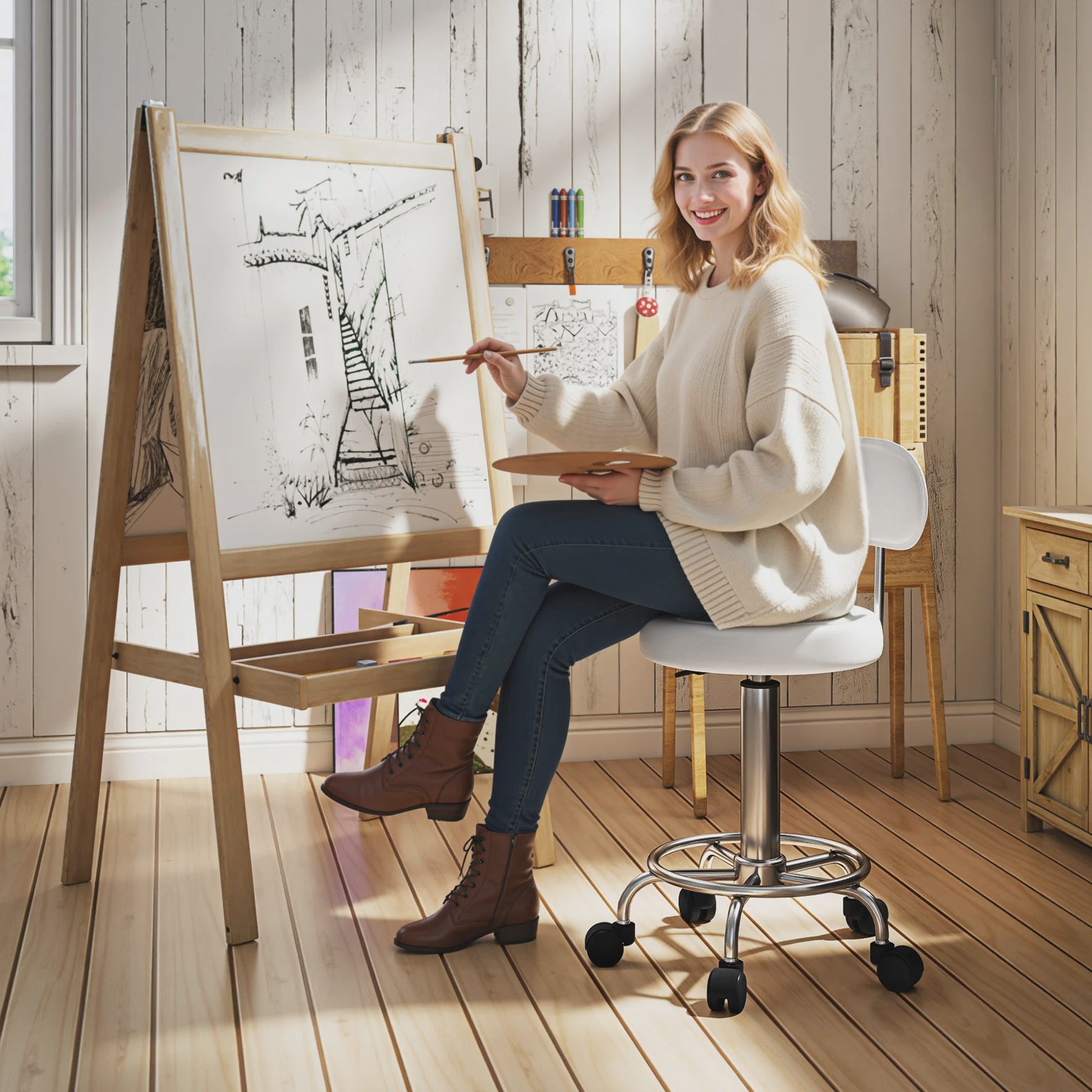 Verstelbare Draaibare Kruk met Rugleuning en Wielen - Wit - Ideaal voor Salon & Studio
