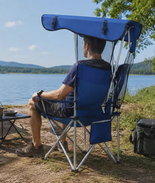 Comfortabele Campingstoel met Zonnedak, Bekerhouders en Opbergvak - Blauw