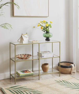 Stijlvolle Console Tafel met 3 Glazen Planken - Goudkleurig Metaal