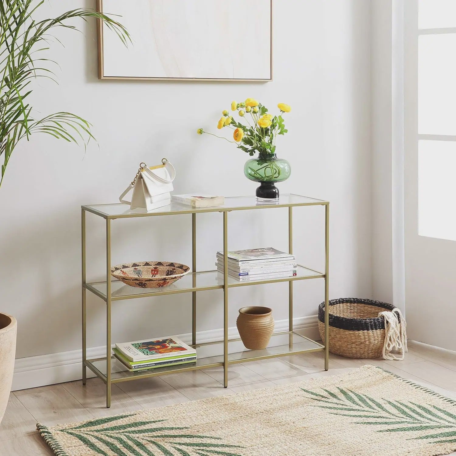 Stijlvolle Console Tafel met 3 Glazen Planken - Goudkleurig Metaal