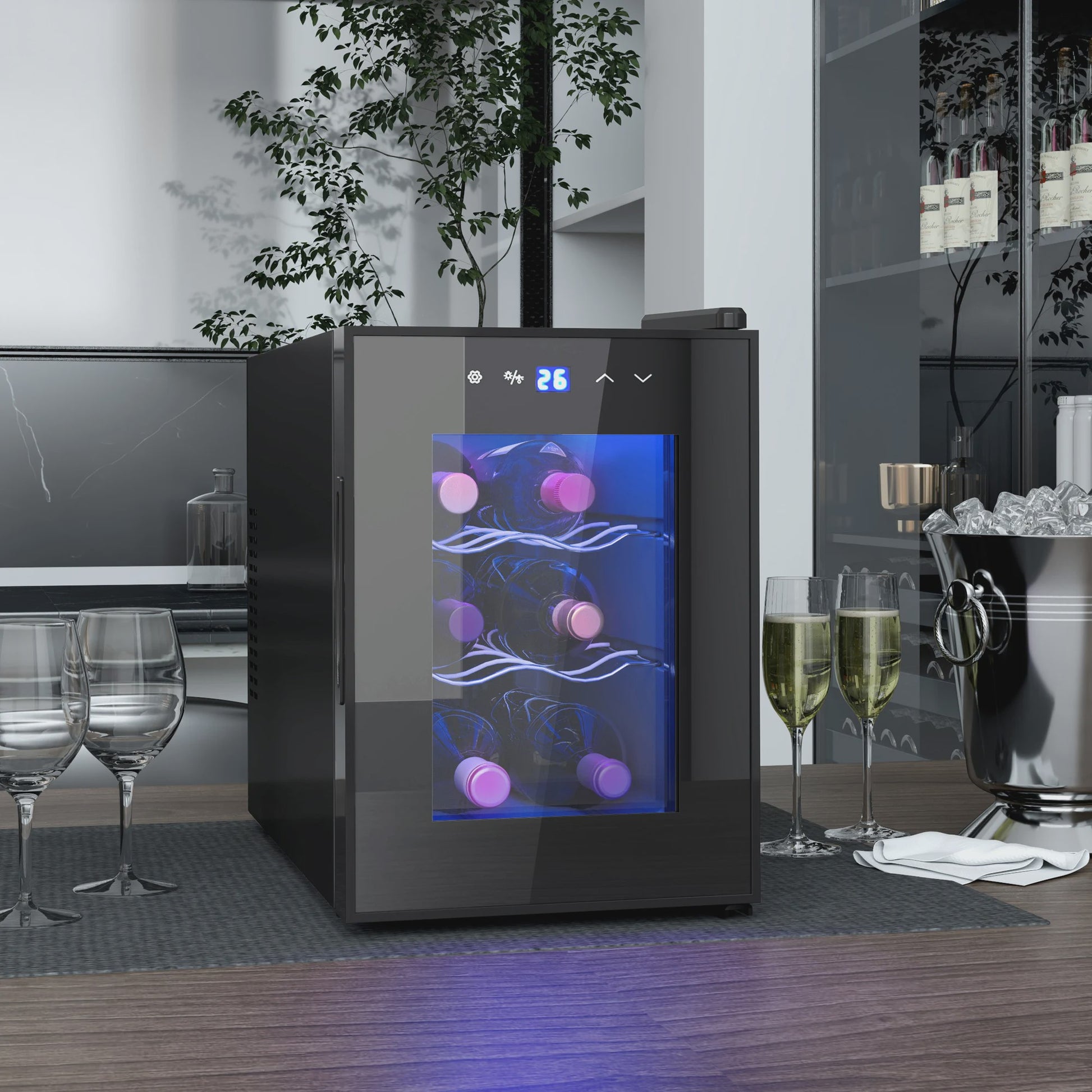 Compacte Wijnkoelkast voor 6 Flessen met LED-verlichting en Instelbare Temperatuur