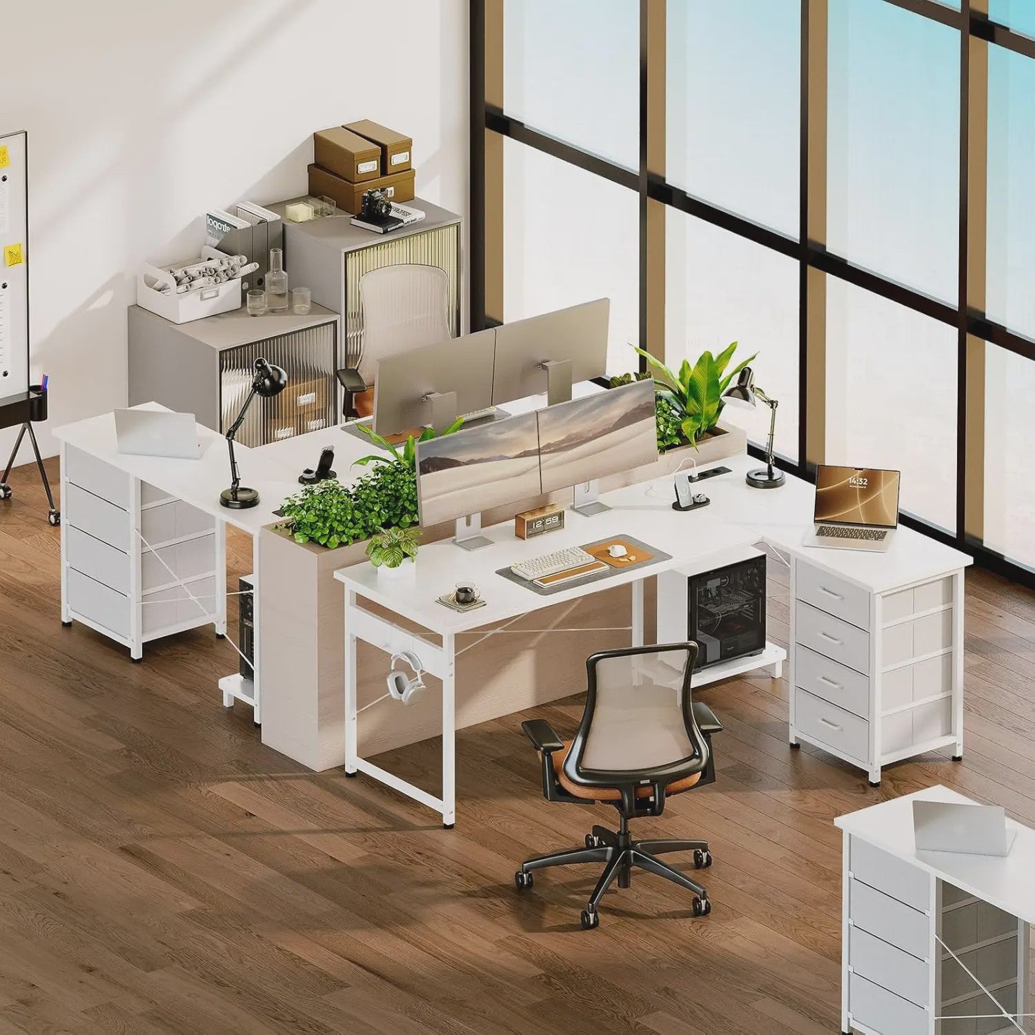 Wit L-vormig Hoekbureau met 4 Lades, Geïntegreerde Socket & USB Oplaadpoort - 155x110 cm