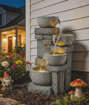 Outsunny Waterval Fontein met LED Verlichting en Verstelbare Pomp - Sfeervolle Tuindecoratie