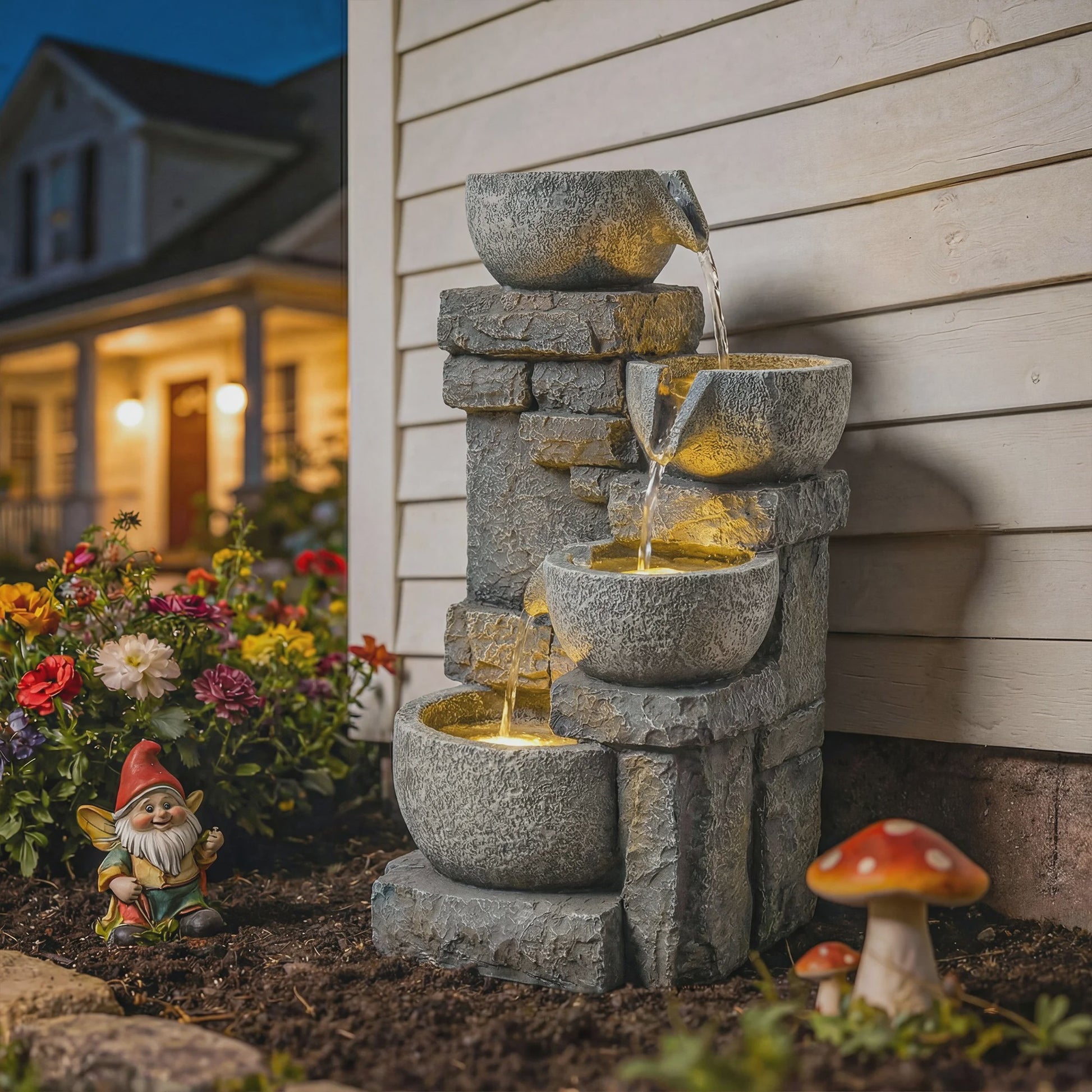 Outsunny Waterval Fontein met LED Verlichting en Verstelbare Pomp - Sfeervolle Tuindecoratie