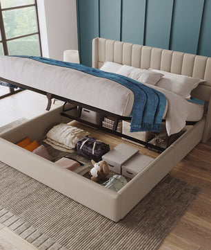 Hydraulisch Boxspringbed 180x200cm Beige Gestoffeerd met Houten Lattenbodem en Opbergruimte