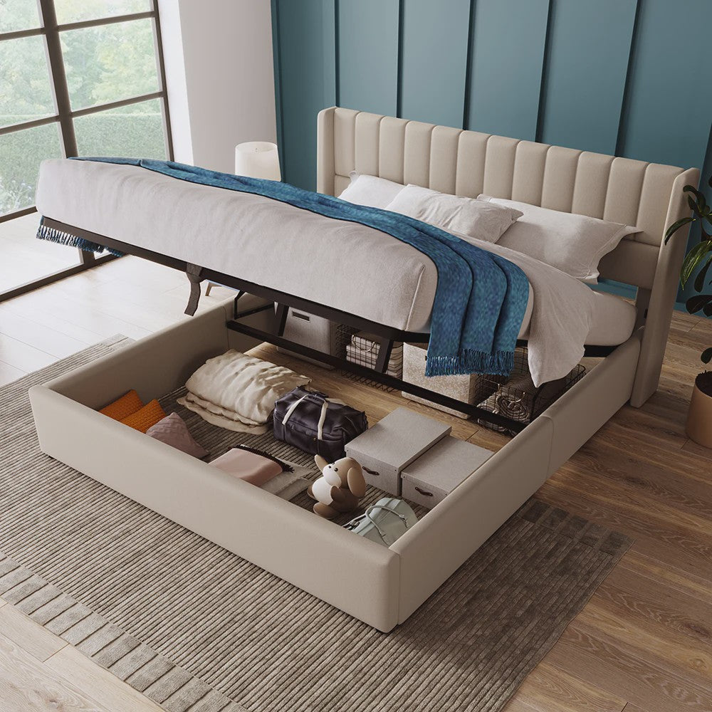 Hydraulisch Boxspringbed 180x200cm Beige Gestoffeerd met Houten Lattenbodem en Opbergruimte
