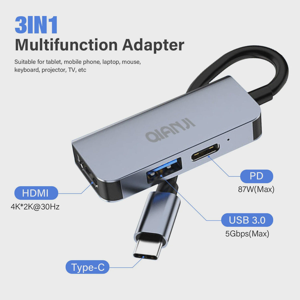 USB-C Hub met HDMI, 100W PD Opladen & USB 3.0 Poort - Universele Adapter
