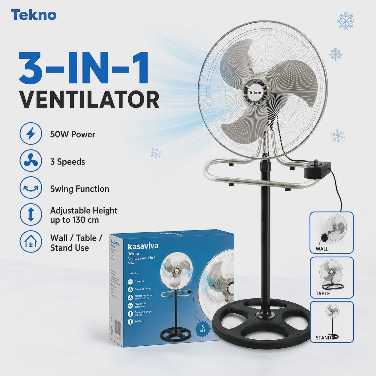 3-in-1 Metalen Ventilator: Vloer, Tafel & Wandmodel - Verstelbaar tot 130cm