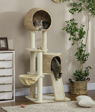 PawHut Kattenboom met Krabpaal, 2 Niche Huizen, Platform, Hangmat & Waterhyacint Mand - 60x60x150 cm Beige
