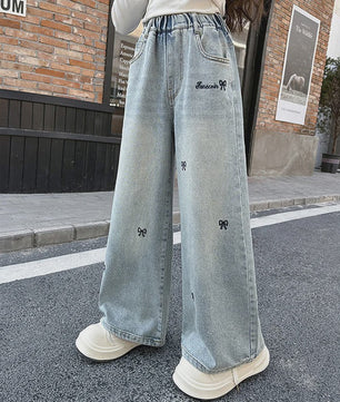 Modieuze Jeans met Strikjesprint voor Meisjes (4-14 jaar) - Wijde Pijpen Denim Broek
