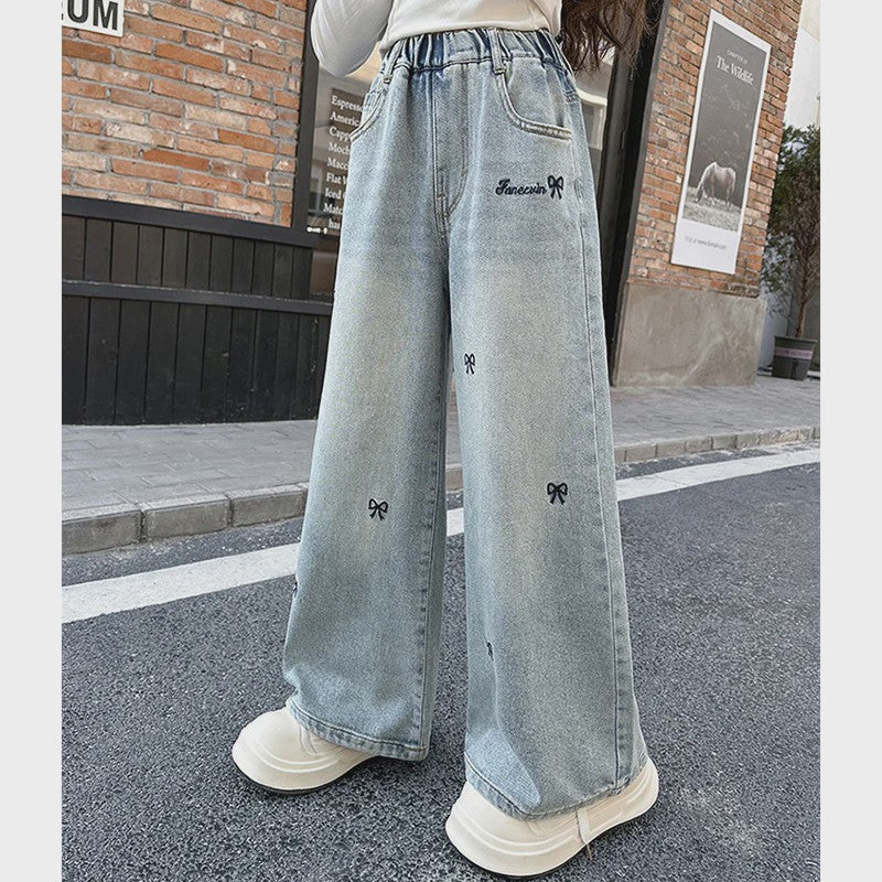 Modieuze Jeans met Strikjesprint voor Meisjes (4-14 jaar) - Wijde Pijpen Denim Broek